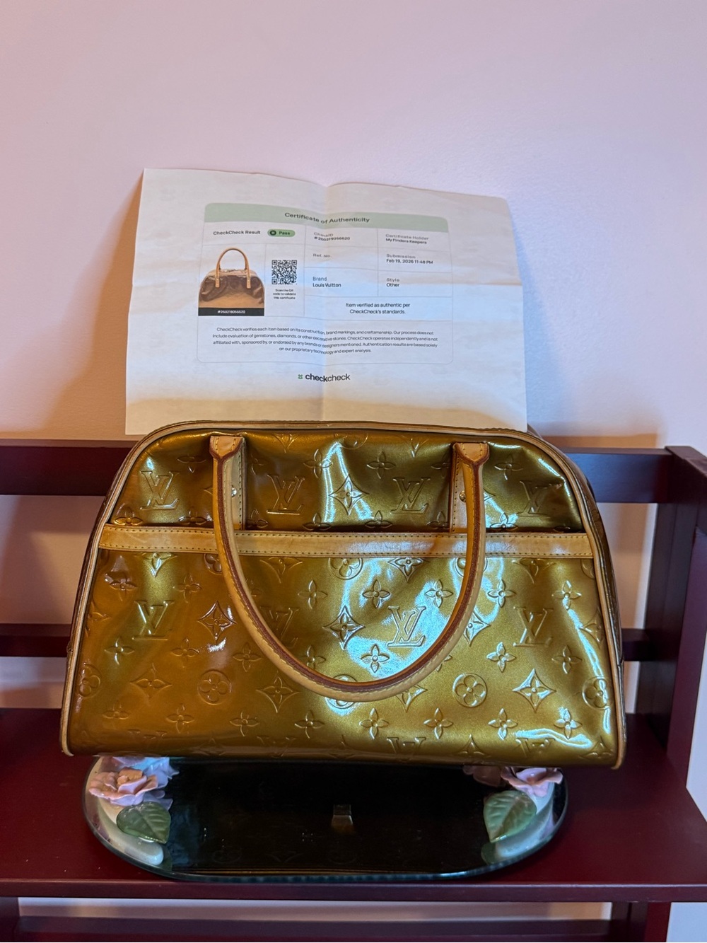 Louis Vuitton Gold Vernis Satchel with Monogram Embossing